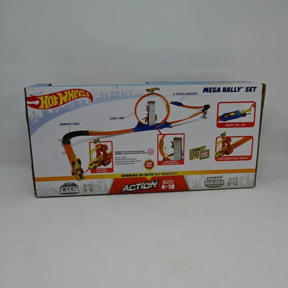 Hot Wheels Mega Rally Set 2019 Track Loop Launcher w/ 2 Cars New Box Damage